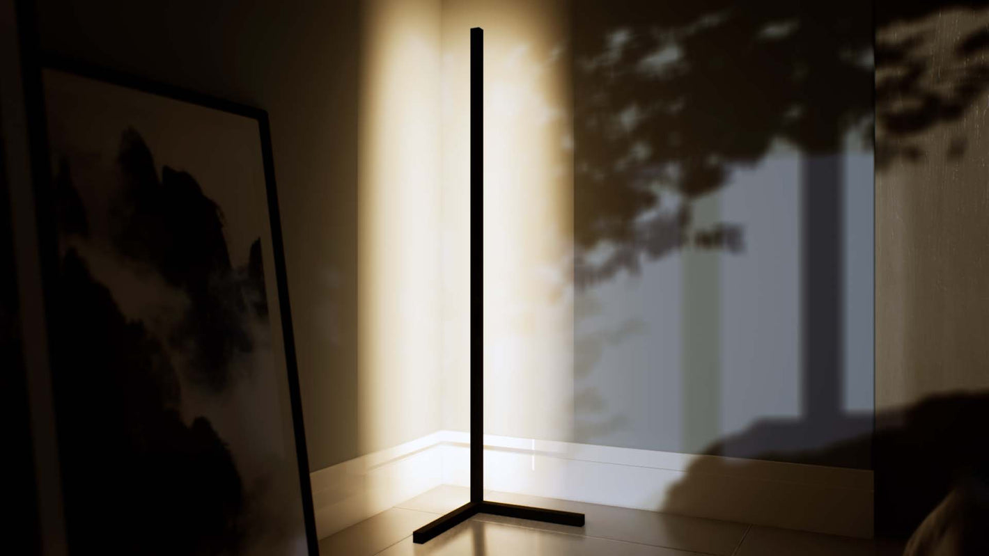 Betula | Floor Lamp | Pole | Aluminium alloy, ABS | Medium | Black color of product | Warm light on | Mid-range distance to lamp | In the corrner | In bedroom | Modern interior | Evening | One item | 58 in height of lamp | Scene 3 | 16x9
