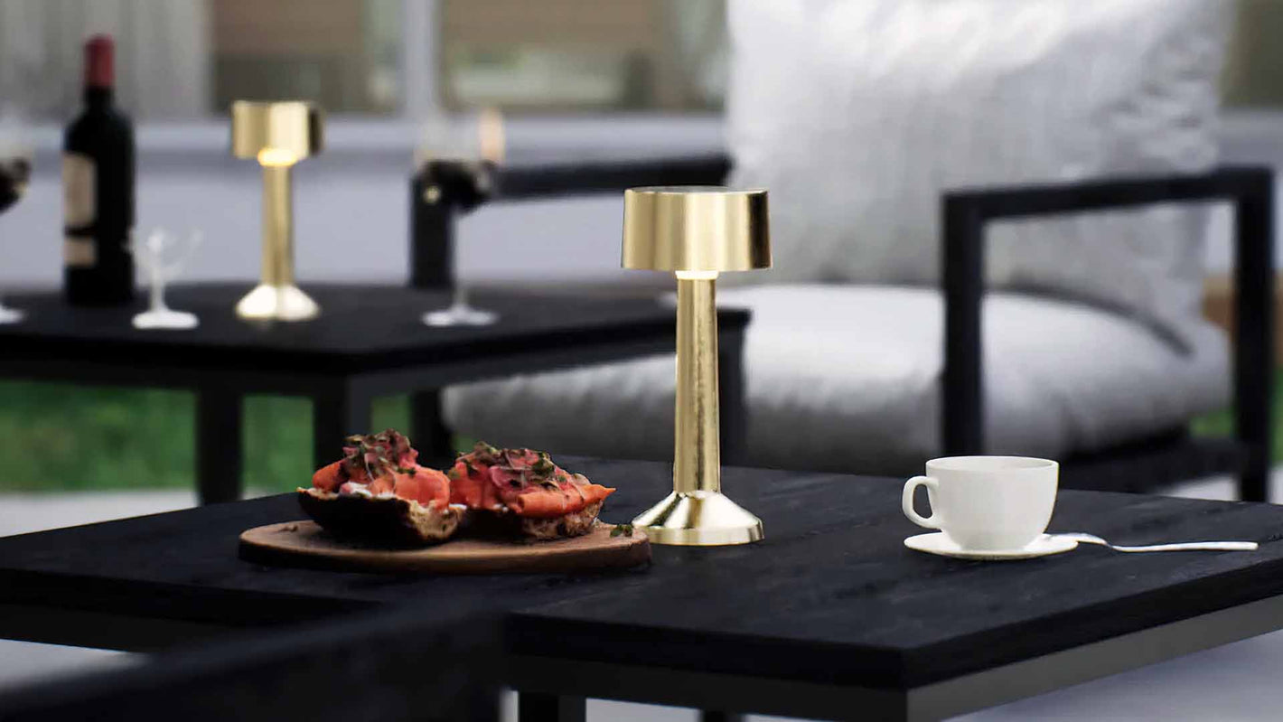 Copri | Cordless Table Lamp | Iron, Acrylic | Gold color of product | Light off | Mid-range distance to lamp | At backyard patio | Noon