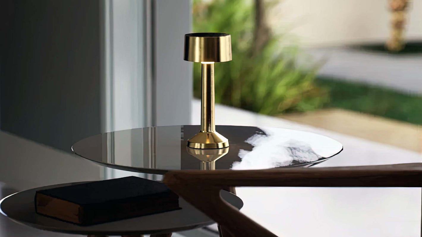 Copri | Cordless Table Lamp | Iron, Acrylic | Gold color of product | Light off | Mid-range distance to lamp | At coffee table | Modern interior | Noon | Scene 1