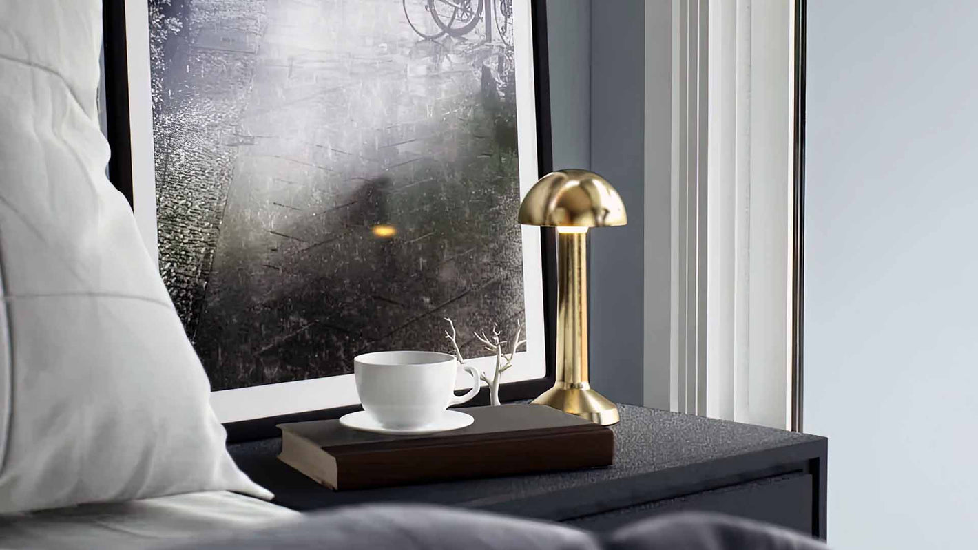 Retro | Cordless Table Lamp | Iron, Acrylic | Gold color of product | Light off | Mid-range distance to lamp | At bedside table | American classic bedroom | Noon | Scene 2
