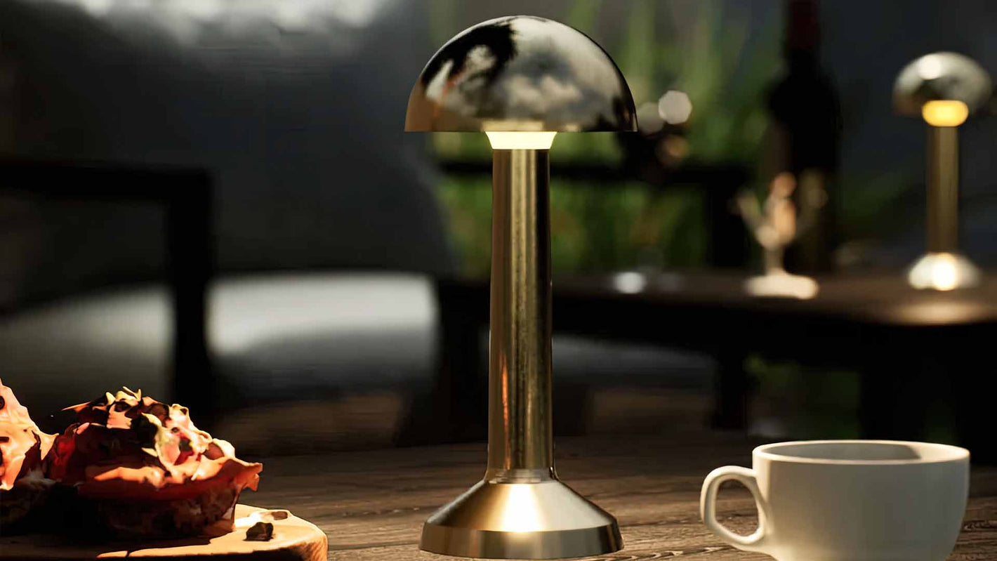 Retro | Cordless Table Lamp | Iron, Acrylic | Gold color of product | Warm light on | Close-up distance to lamp | At backyard patio | Evening