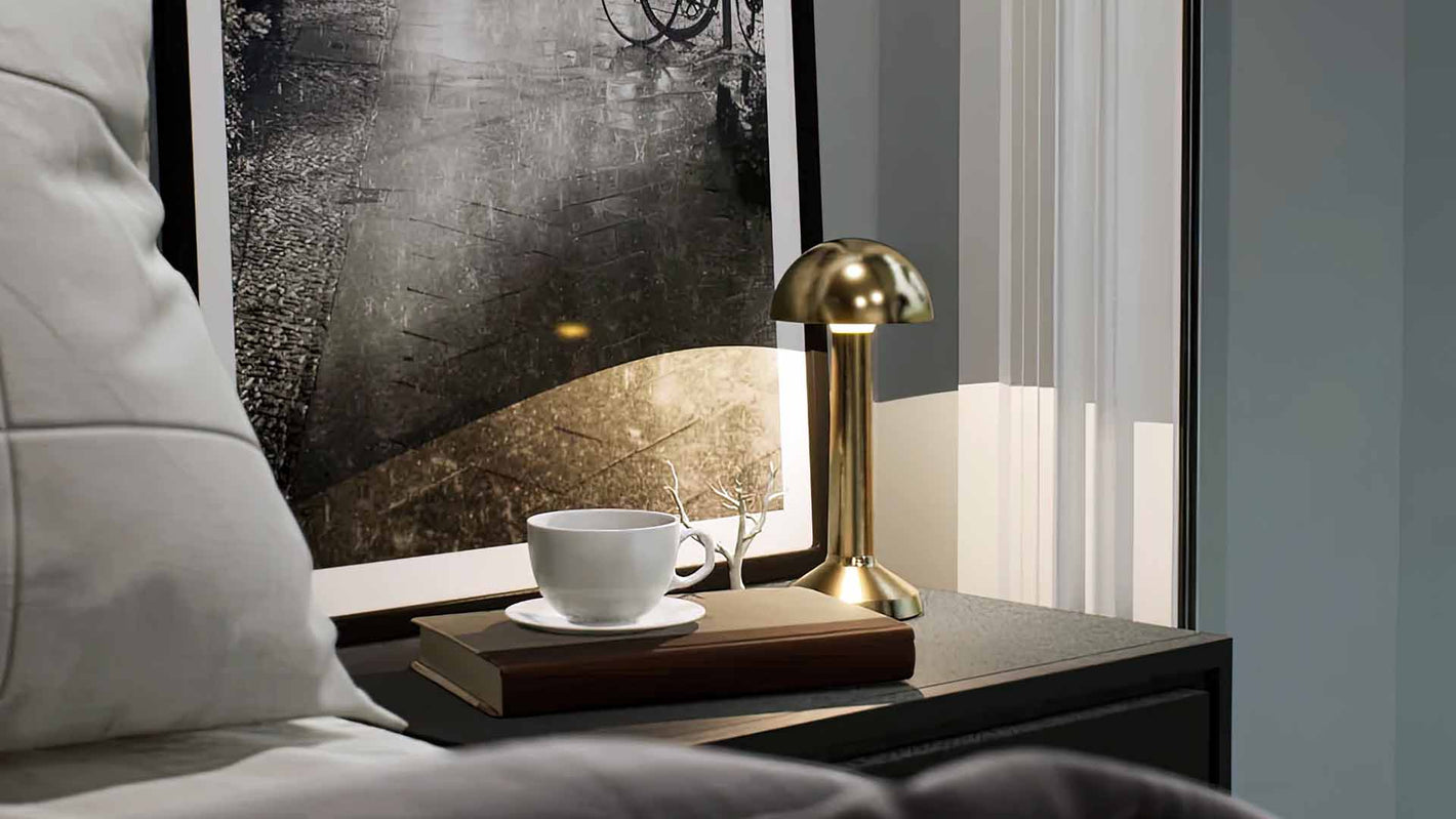 Retro | Cordless Table Lamp | Iron, Acrylic | Gold color of product | Warm light on | Mid-range distance to lamp | At bedside table | American classic bedroom | Evening | Scene 2