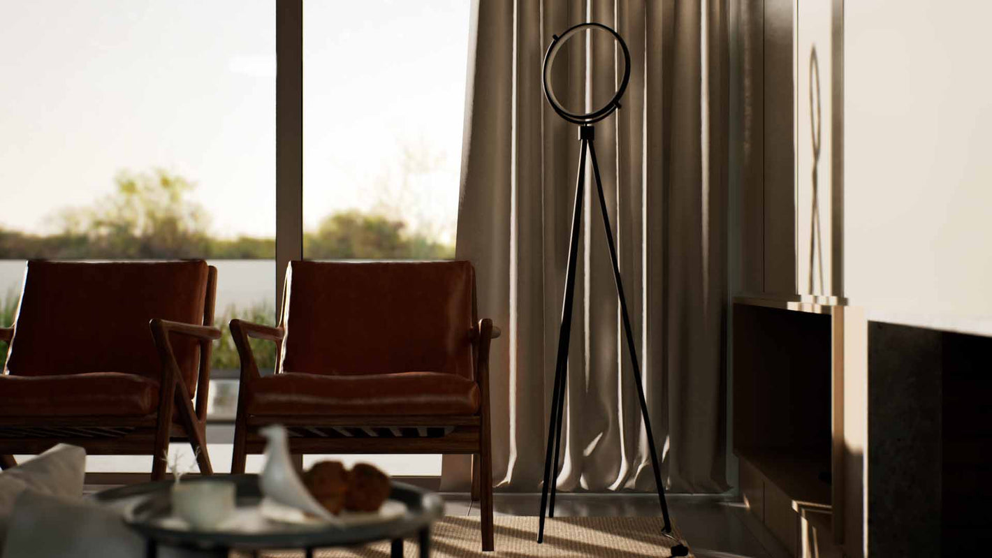 Robinia | Floor Lamp | Tripod, Round | Aluminium alloy, ABS | Medium | Black color of product | Light off | Mid-range distance to lamp | In the corrner | In living room | Modern interior | Noon | One item | 59 in height of lamp | Scene 4 | 16x9