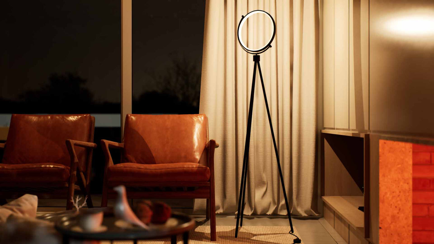 Robinia | Floor Lamp | Tripod, Round | Aluminium alloy, ABS | Medium | Black color of product | Warm light on | Mid-range distance to lamp | In the corrner | In living room | Modern interior | Evening | One item | 59 in height of lamp | Scene 4 | 16x9