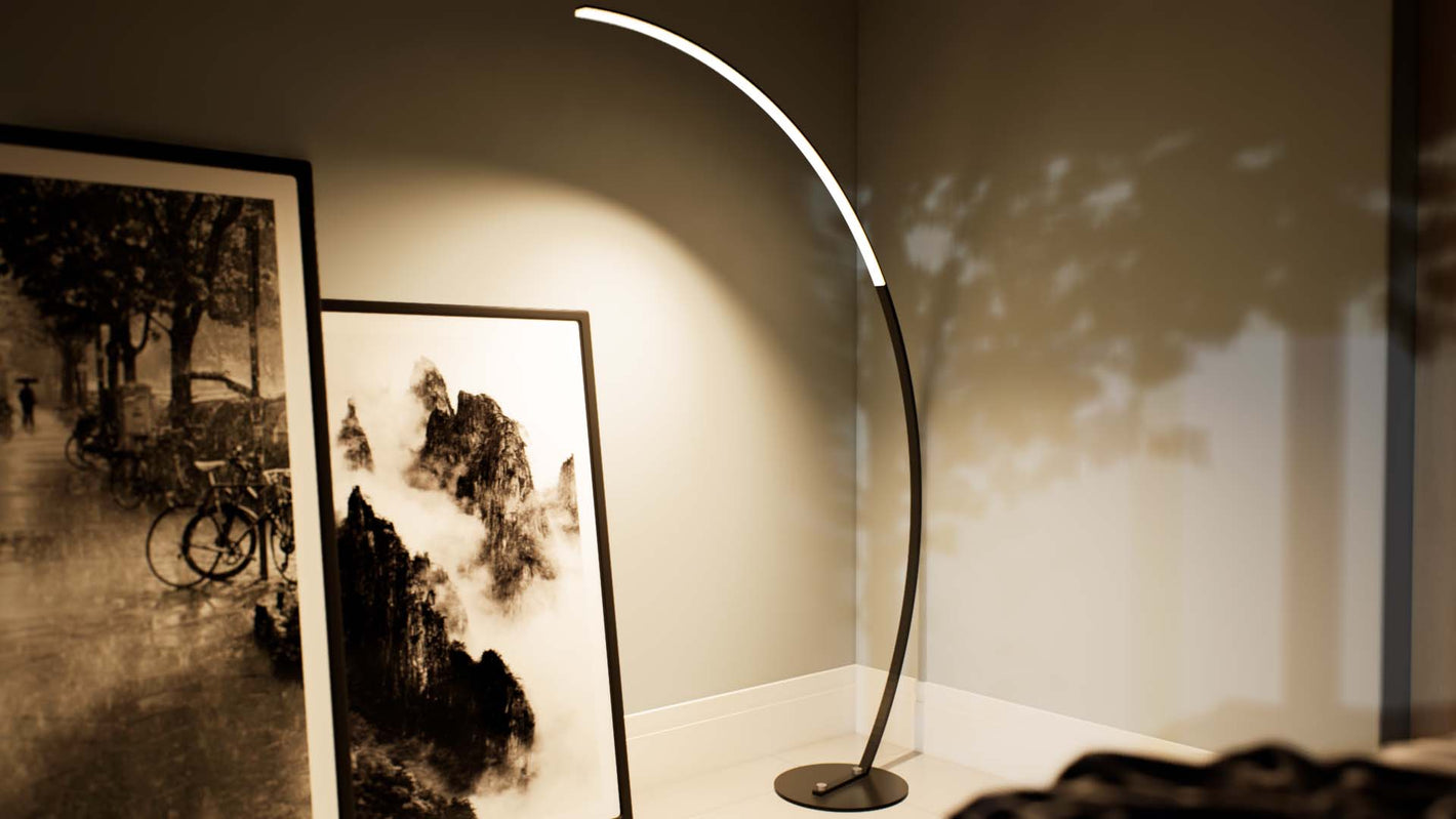 Sophora | Floor Lamp | Arc, Tall | Aluminium alloy, ABS | Large | Black color of product | Warm light on | Mid-range distance to lamp | In the corrner | Modern interior | Evening | 65 in height of lamp | Scene 3 | 16x9