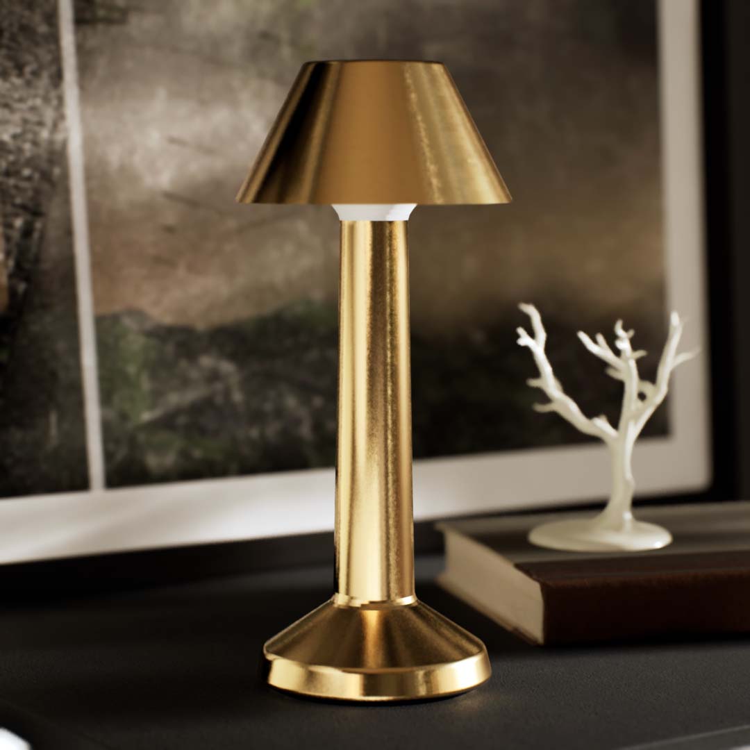 Bella | Cordless Table Lamp | Iron, Acrylic | Gold color of product | Warm light off | Close-up distance to lamp | Dresser surface in the living room | Modern interior | Noon