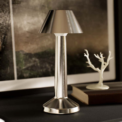 Bella | Cordless Table Lamp | Iron, Acrylic | Silver color of product | Warm light off | Close-up distance to lamp | Dresser surface in the living room | Modern interior | Noon