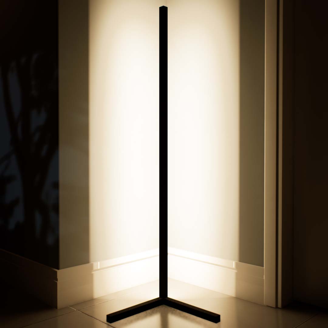 Betula | Floor Lamp | Pole | Aluminium alloy, ABS | Black color of product | Warm light on | Close-up distance to lamp | In the corner | Evening | 58 in height of lamp