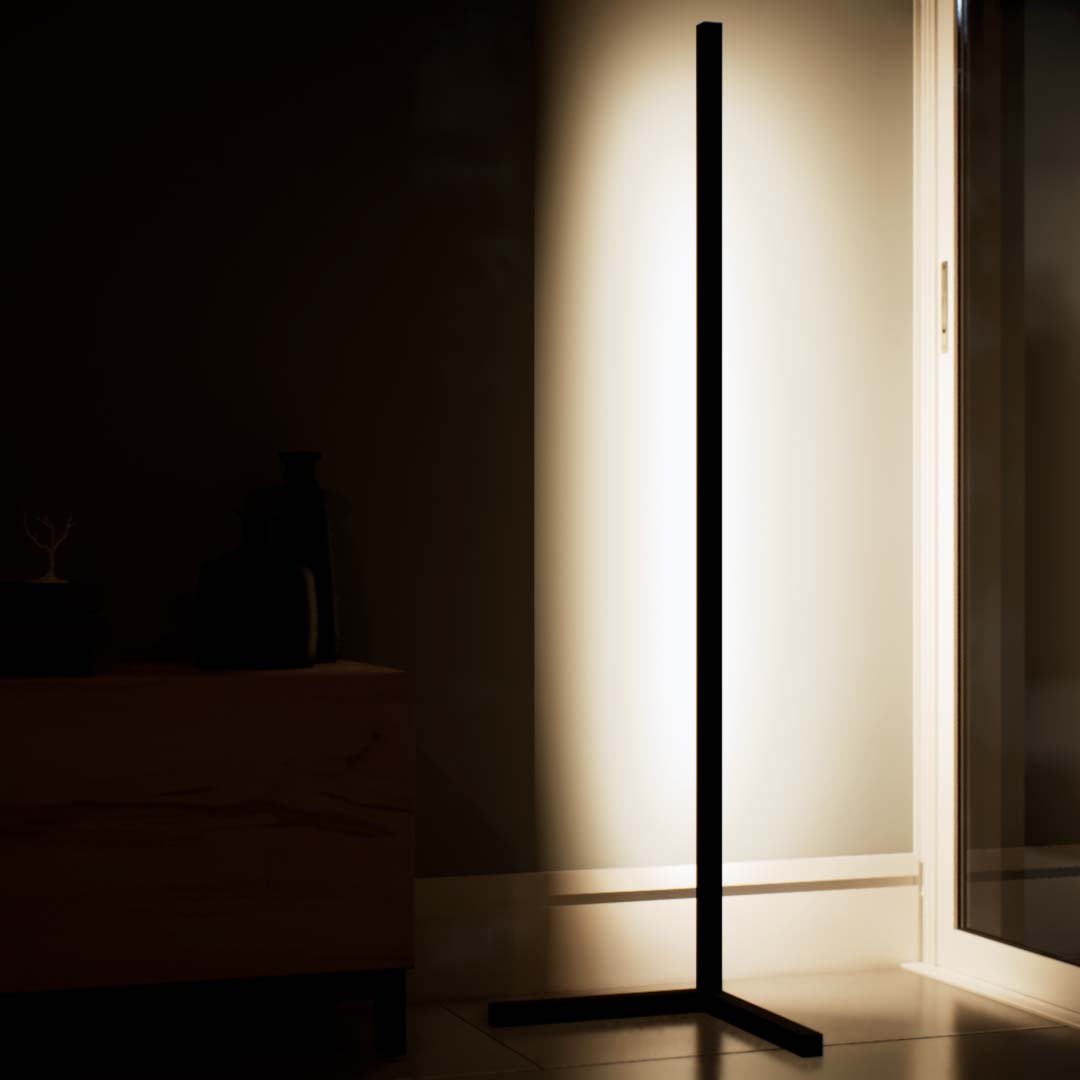 Betula | Floor Lamp | Pole | Aluminium alloy, ABS | Medium | Black color of product | Warm light on | Mid-range distance to lamp | In the corrner | In living room | Modern interior | Evening | One item | 58 in height of lamp | Scene 3