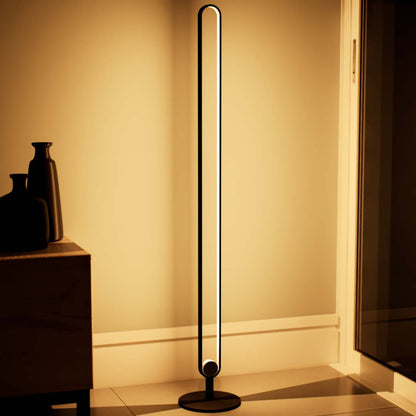 Celtis | Floor Lamp | Oval | Aluminium alloy, ABS | Medium | Black color of product | Warm light on | Closeup distance to lamp | In living room | Modern interior | Evening | One item | 53 in height of lamp | Scene 3 | 1x1