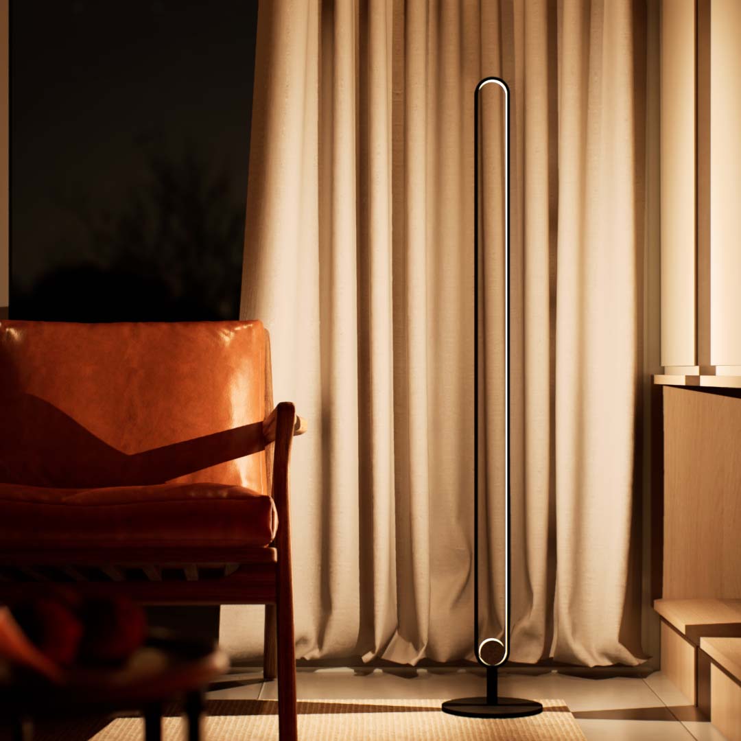 Celtis | Floor Lamp | Oval | Aluminium alloy, ABS | Medium | Black color of product | Warm light on | Mid-range distance to lamp | In living room | Modern interior | Evening | One item | 53 in height of lamp  | Scene 4