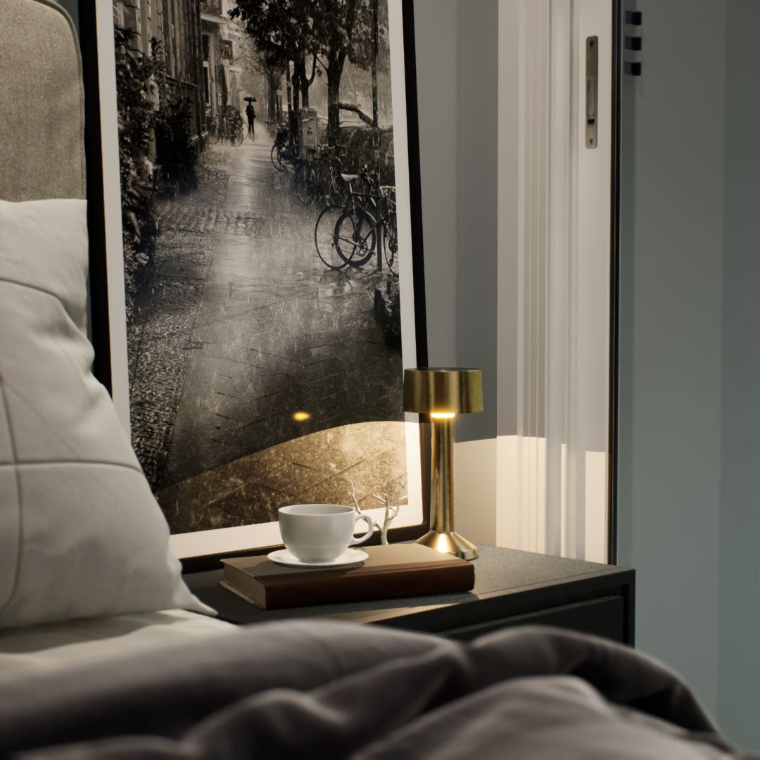 Copri | Cordless Table Lamp | Iron, Acrylic | Gold color of product | Warm light on | Mid-range distance to lamp | At bedside table | American classic bedroom | Evening  | Scene 1