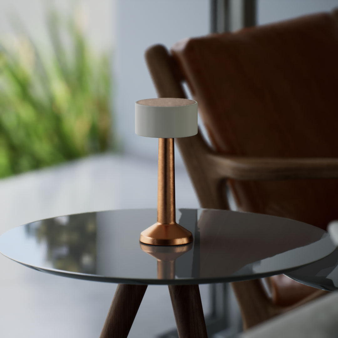 Halo | Cordless Table Lamp | Iron, Acrylic | Bronze color of product | Light off | Close-up distance to lamp | At coffee table | Modern interior | Noon