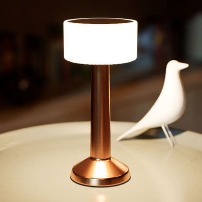 Halo | Cordless Table Lamp | Iron, Acrylic | Bronze color of product | Warm light on | Close-up distance to lamp | At coffee table | Modern interior | Evening | Scene 3