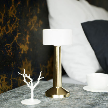 Halo | Cordless Table Lamp | Iron, Acrylic | Gold color of product | Light off | Close-up distance to lamp | At bedside table | Modern interior | Noon