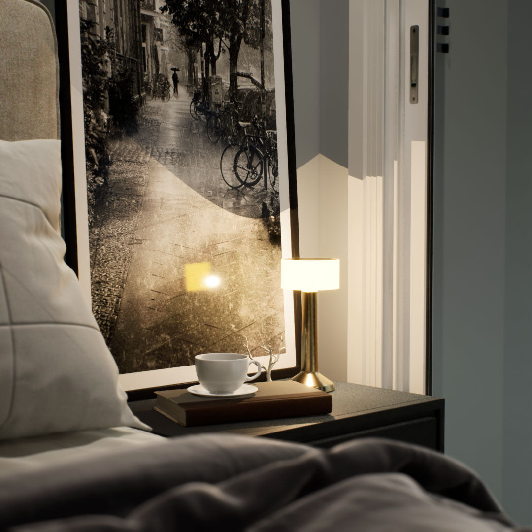 Halo | Cordless Table Lamp | Iron, Acrylic | Gold color of product | Warm light on | Mid-range distance to lamp | At bedside table | American classic bedroom | Evening  | Scene 2