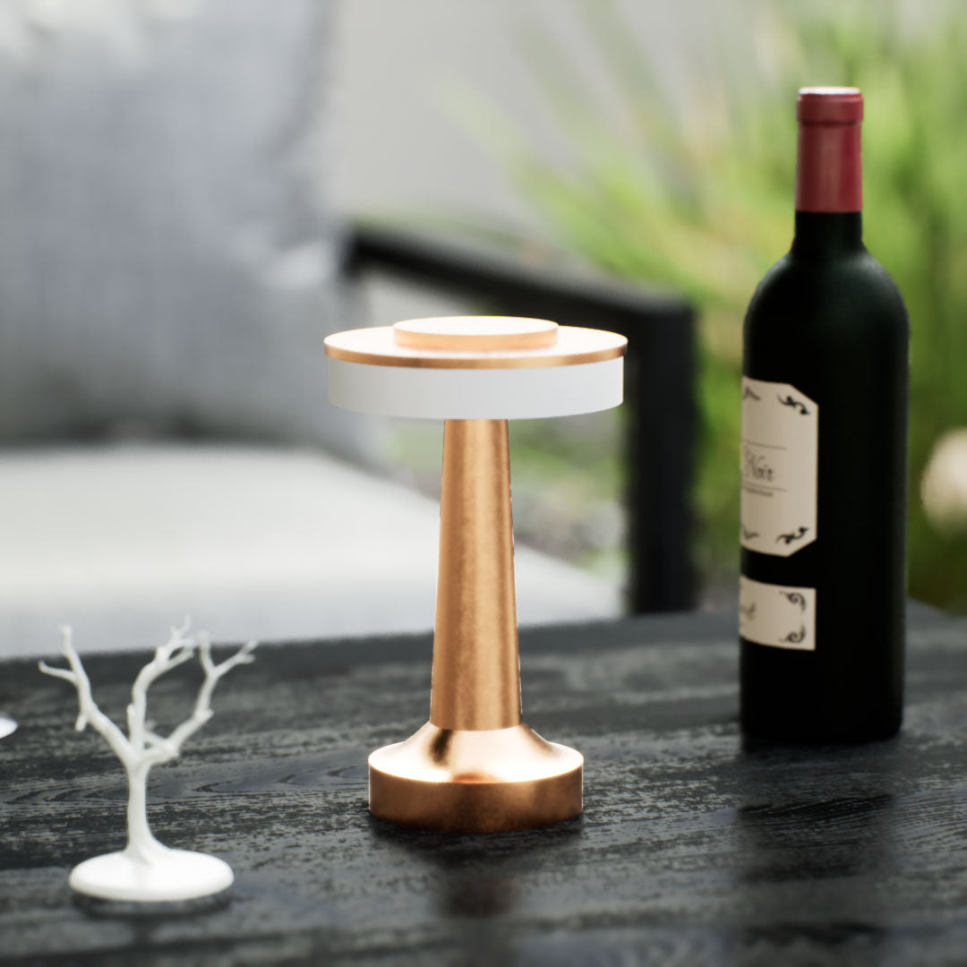 Halo Slim | Cordless Table Lamp | Iron, Acrylic | Bronze color of product | Light off | Close-up distance to lamp | At backyard patio | Noon  | Scene 2