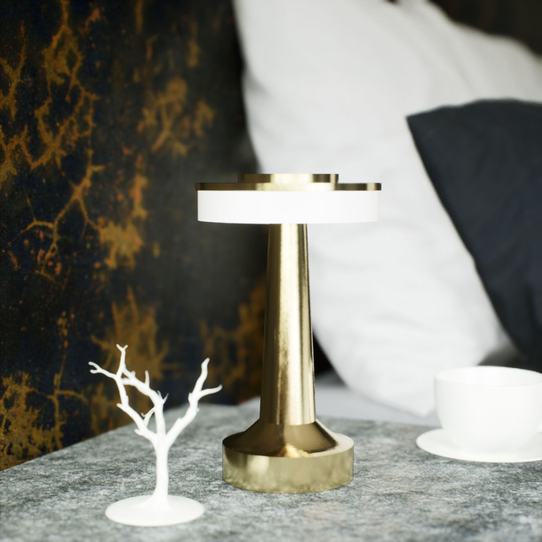 Halo Slim | Cordless Table Lamp | Iron, Acrylic | Gold color of product | Light off | Close-up distance to lamp | At bedside table | Modern interior | Noon