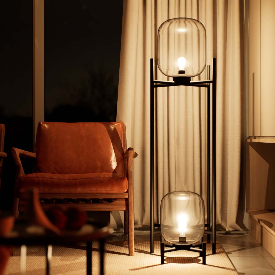 Julans | Floor Lamp | Glass bulb, Pedestal | Glass, Metal | Medium | Black color of product | Warm light on | Mid-range distance to lamp | In living room | Modern interior | Evening | Two items | 15-55 in height of lamps  | Scene 3