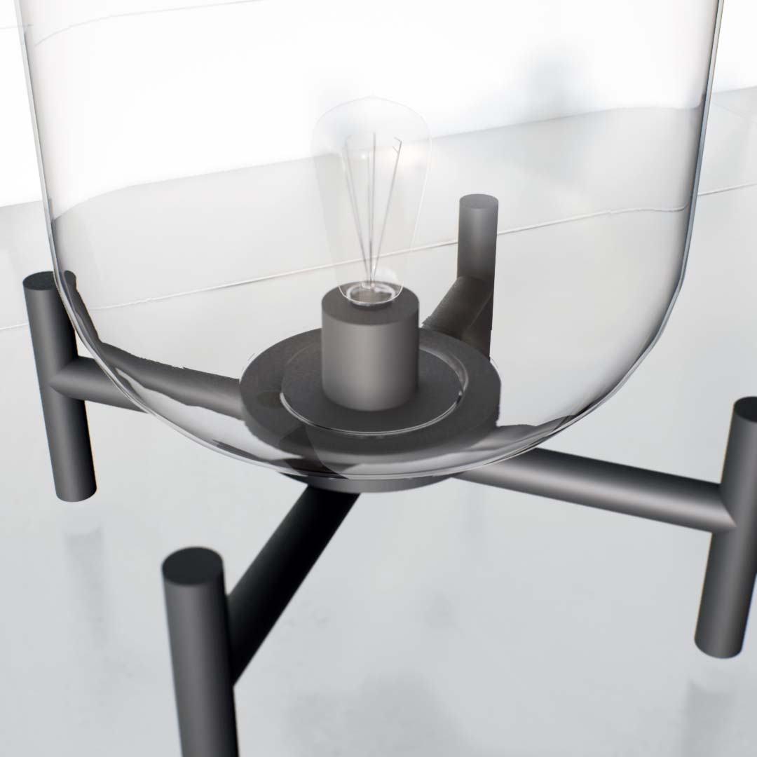 Julans | Floor Lamp | Glass bulb, Pedestal | Glass, Metal | Small | Black color of product | Light off | Close-up distance to lamp  | Scene 2
