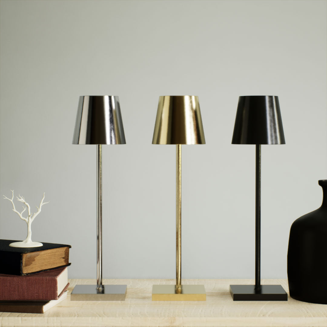 Olivia | Cordless Table Lamps | Aluminum | Gold, Silver, Black color of products | Light off | Close-up distance to lamp | At the table