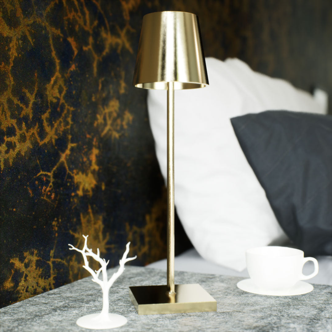 Olivia | Cordless Table Lamp | Aluminum | Gold color of product | Light off | Close-up distance to lamp | At bedside table | Modern interior | Noon