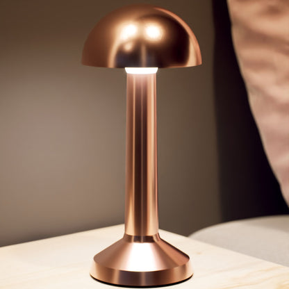 Retro | Cordless Table Lamp | Iron, Acrylic | Bronze color of product | Warm light on | Close-up distance to lamp | At bedside table | Modern interior | Evening | Scene 4