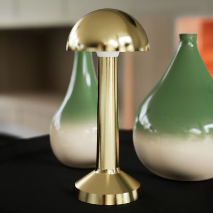 Retro | Cordless Table Lamp | Iron, Acrylic | Gold color of product | Light off | Close-up distance to lamp | At table near vase | Noon