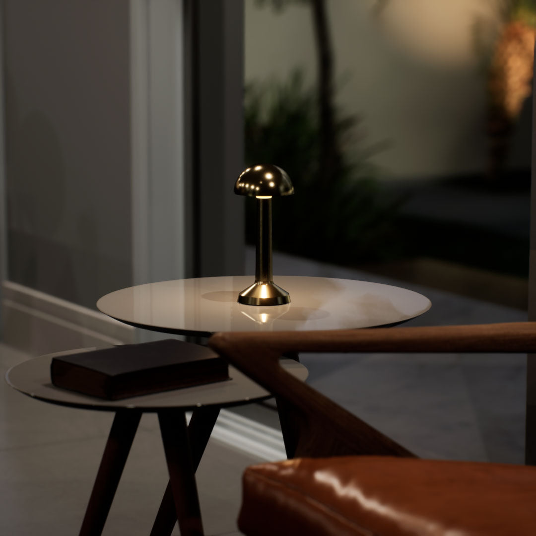 Retro | Cordless Table Lamp | Iron, Acrylic | Gold color of product | Warm light on | Mid-range distance to lamp | At coffee table | Modern interior | Evening  | Scene 2