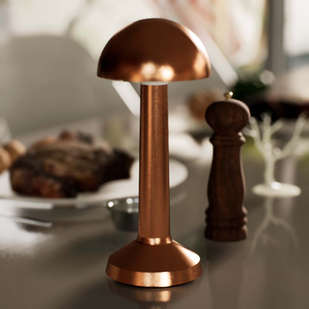 Retro | Cordless Table Lamp | Iron, Acrylic | Bronze color of product | Warm light off | Close-up distance to lamp | At large dining table | In living room | Modern interior | Noon
