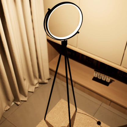 Robinia | Floor Lamp | Tripod, Round | Aluminium alloy, ABS | Medium | Black color of product | Warm light on | Closeup distance to lamp | In the corrner | In living room | Modern interior | Evening | One item | 59 in height of lamp | Scene 4