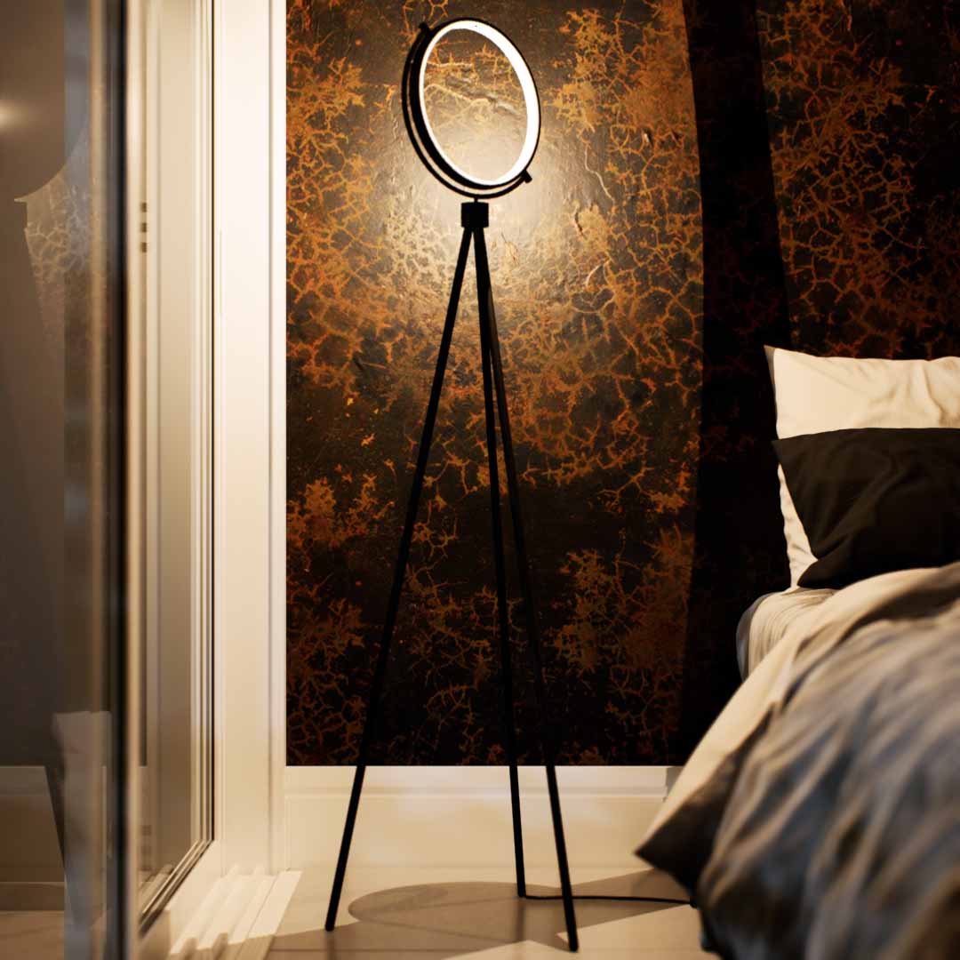 Robinia | Floor Lamp | Tripod, Round | Aluminium alloy, ABS | Medium | Black color of product | Warm light on | Mid-range distance to lamp | Bedside | Modern interior | Evening | One item | 59 in height of lamp  | Scene 3