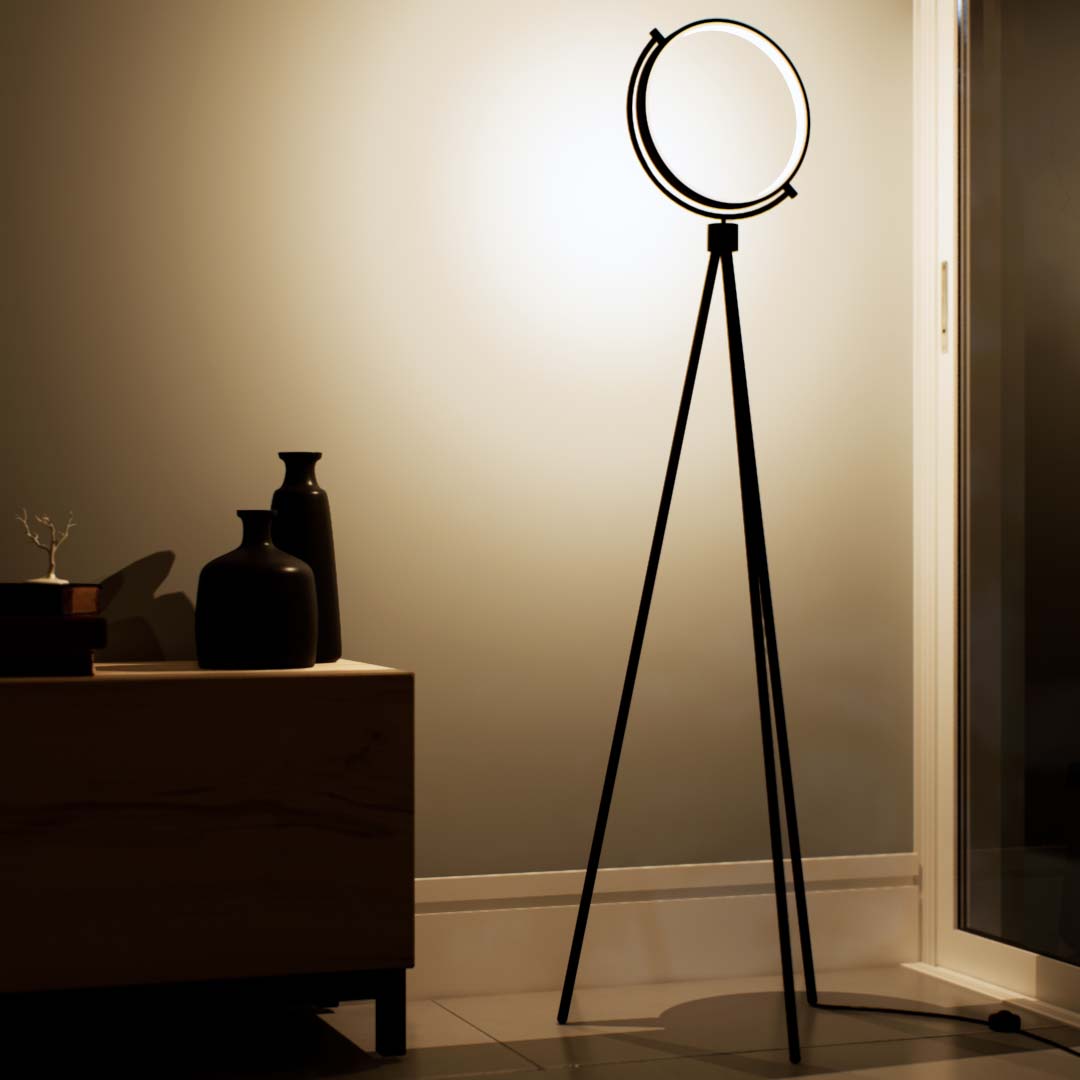Robinia | Floor Lamp | Tripod, Round | Aluminium alloy, ABS | Medium | Black color of product | Warm light on | Mid-range distance to lamp | In the corrner | In living room | Modern interior | Evening | One item | 59 in height of lamp  | Scene 3