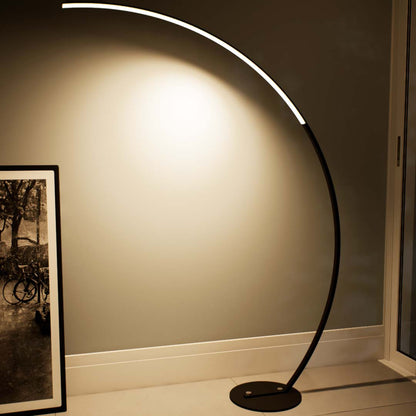 Sophora | Floor Lamp | Arc, Tall | Aluminium alloy, ABS | Black color of product | Warm light on | Closeup distance to lamp | Bedside | American classic living room | Evening | 65 in height of lamp