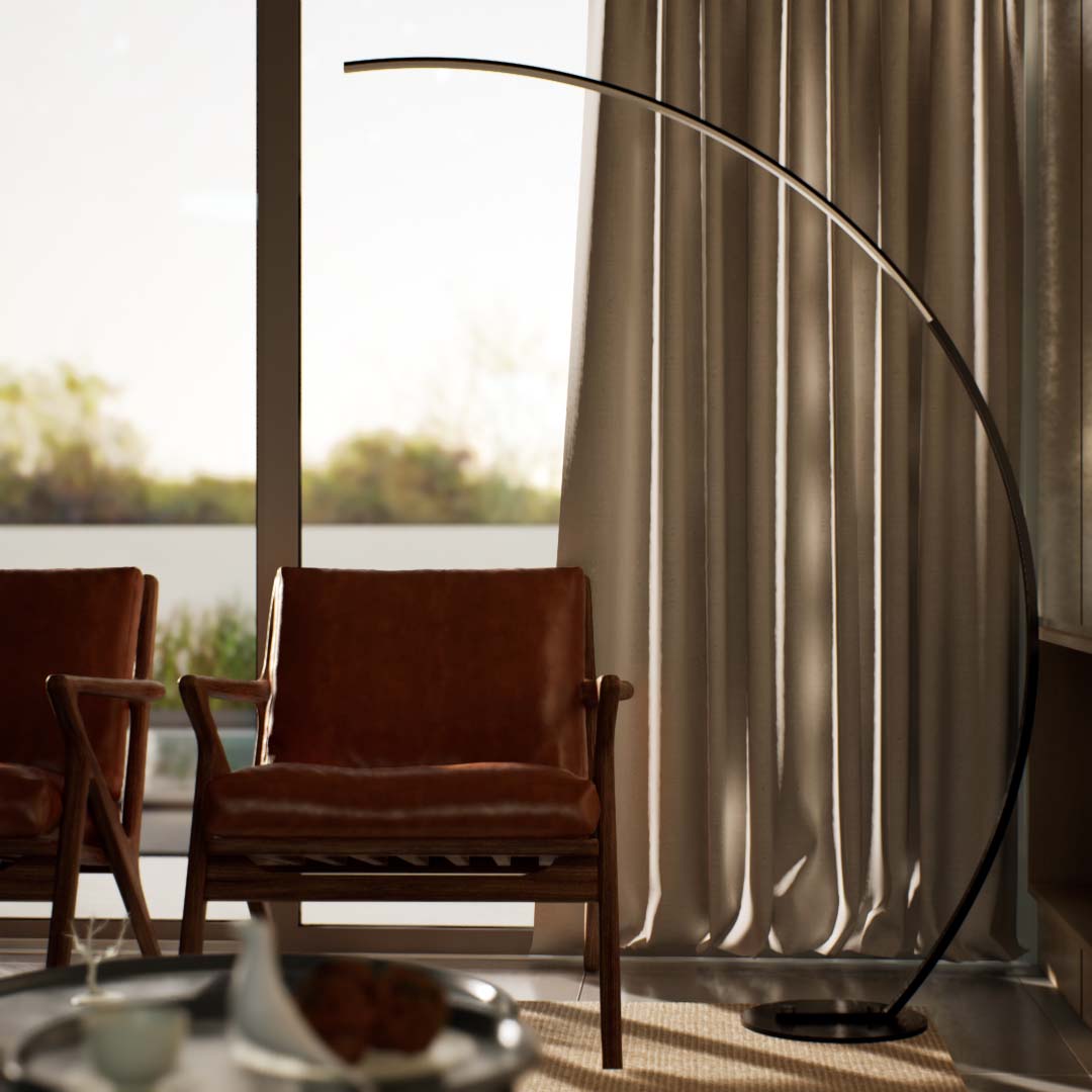 Sophora | Floor Lamp | Arc, Tall | Aluminium alloy, ABS | Large | Black color of product | Light off | Mid-range distance to lamp | In the corrner | Modern interior | Noon | 65 in height of lamp  | Scene 3