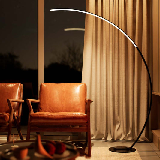 Sophora | Floor Lamp | Arc, Tall | Aluminium alloy, ABS | Large | Black color of product | Warm light on | Mid-range distance to lamp | In living room | Modern interior | Evening | 65 in height of lamp  | Scene 3